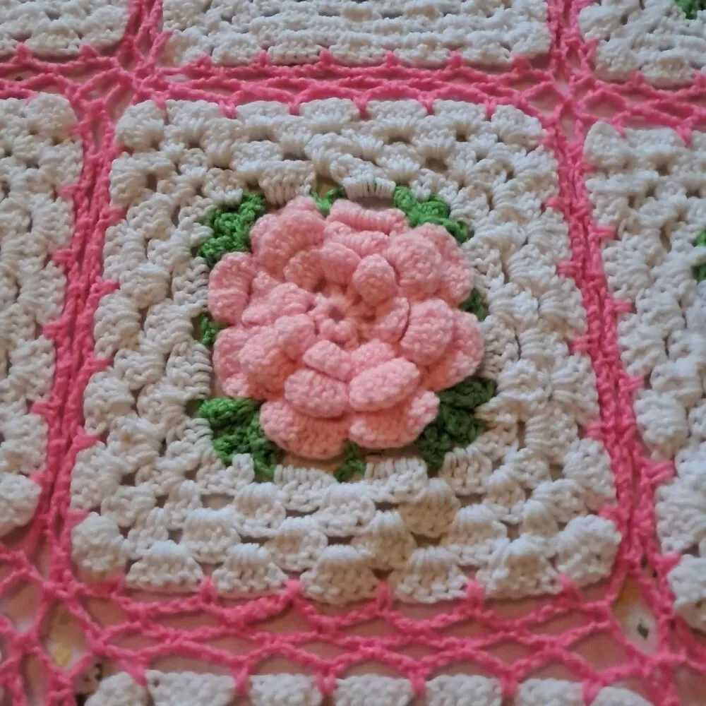 Crochet Granny Square 3D Pink Rose Afghan Throw Girlie Cottage Core